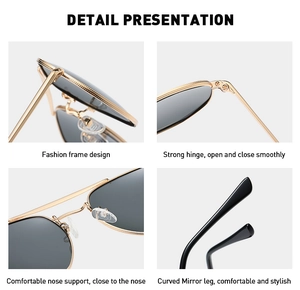 Detailed views of gold metal polarized sunglasses featuring frame hinges and nose pads