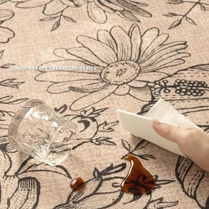 Waterproof vintage French floral rug in beige with black daisy pattern for living rooms