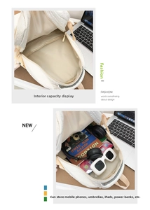Vue détaillée de l'intérieur du sac à dos blanc crème en tissu gaufré avec rangement