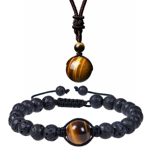 Natural Tiger Eye Amethyst Lava Stone Necklace And Bracelet Handmade Woven Adjustable Healing Jewelry For Men Women