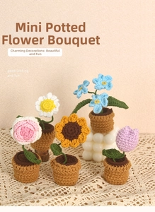 Detailed view of assorted handmade crochet mini potted flowers in colorful yarn