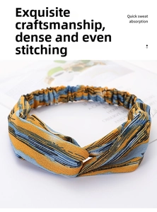 Detail of bohemian twisted headband showing yellow and blue stripes with tight stitching