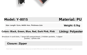Detailed spec infographic showing internal card slots and compartments of the small PU wallet