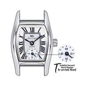 Close-up of a rectangular silver watch with white textured dial and sub-second subdial