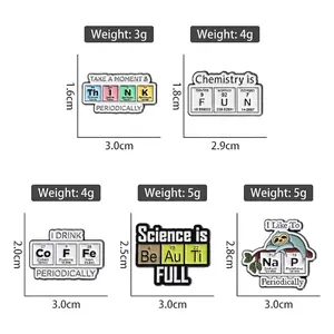 Five chemistry periodic table enamel pins spelling words like THINK, FUN, and DRINK