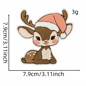 Pink Christmas reindeer embroidery patch with iron-on backing, 7.9cm decorative patch