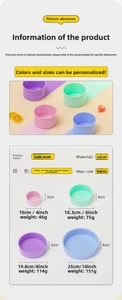 Size chart showing 4-inch to 10-inch round silicone cake molds with weight and diameter details