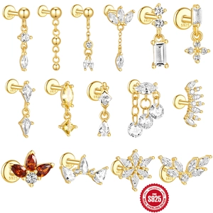 925 Sterling Silver Gold Plated Zirconia Ear Cartilage Studs For Women Teardrop Heart Star Flower Flat Back Piercing Jewelry
