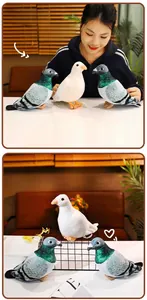 Detailed view of soft lifelike white and grey pigeon plush toys in hand and home setting