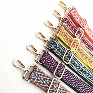 Close-up of Bohemian patterned woven bag straps with high-gloss gold metal buckles