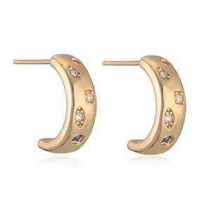 Minimalist 18K gold C-shaped earrings with colorful zircon stones on white background