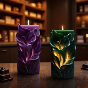 Calla lily embossed scented candles in purple and dark green with lit flames on reflective base