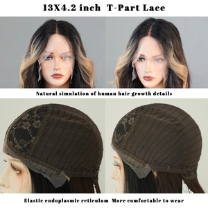 Detail of 13x4.2 T-part lace wig inner mesh and ombre brown wavy hair growth detail