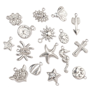 Collection of various DIY silver stainless steel pendants with rhinestones and unique charms