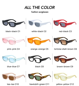 Rectangle frame sunglasses collection showing twelve distinct color variants on a white background