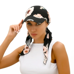 Floral print headscarf hat with long tail ties in black and pink for women