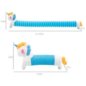Unicorn pop tube sensory toy showing compressed and extended states for stress relief