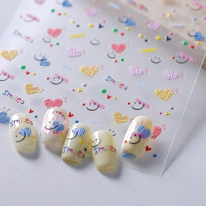 Autocollants ongles 5D gaufrés avec cœurs souriants colorés et texture en relief 3D