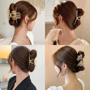 Elegant gold fishbone hair claw clips with pearls and mesh bows shown in a collage