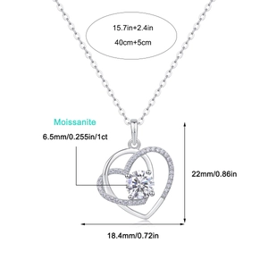 S925 silver double heart moissanite necklace with 1ct stone and dimension labels