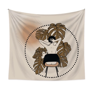 Modern Boho female silhouette tapestry with monstera leaves in warm earth tones