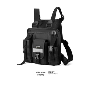 Detail view of black tactical chest bag with adjustable straps and reflective strip design