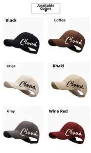 Detailed side view showing Cloud embroidery on baseball caps in six various colors
