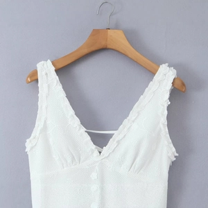 Summer white lace crochet tank dress with deep V-neck and delicate hollow embroidery