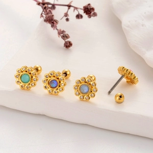 Set of four colorful flower cartilage earrings with gold stainless steel screw ball backings