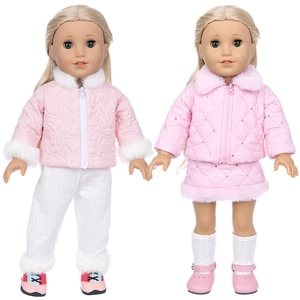 Set of two pink quilted doll outfits with faux fur trim for 18-inch dolls on white background
