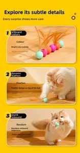 Close-up of colorful feather cat toy balls with natural plumes for interactive play