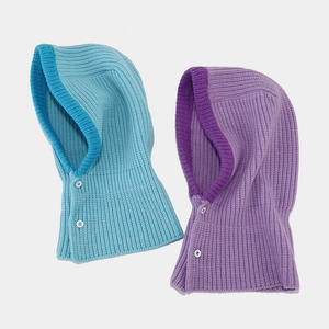 Sky blue and light purple knitted Balaclava hats with button closure for winter warmth