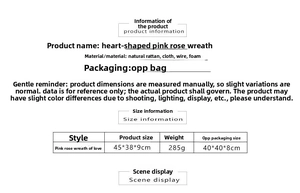 Size chart detail of heart-shaped pink rose wreath made of natural vine and cloth