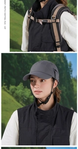 Detail of grey outdoor sun hat with adjustable chin strap and breathable fabric