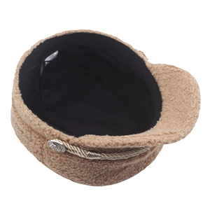 Brown fleece winter baker boy hat with braided rope trim and warm interior lining