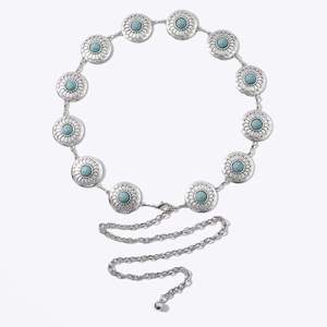 Bohemian silver metal waist chain with sun flower engravings and turquoise gemstones