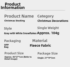 Specifications of grey Christmas stocking with snowflake pattern in soft fleece fabric