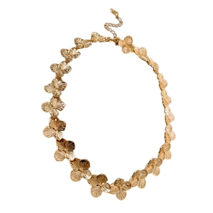 Vintage style gold flower link necklace with textured metallic finish and lobster clasp