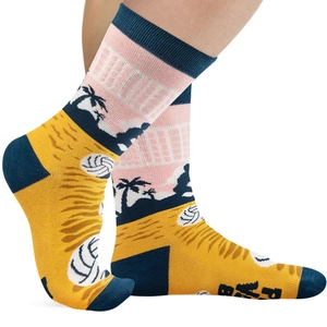 Close-up of beach volleyball pattern socks in yellow, pink and dark blue cotton fabric
