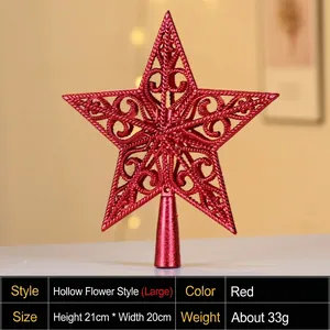 Detail of 21cm red hollow star tree topper with glitter finish for Christmas tree