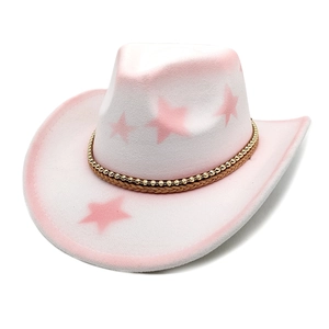 Pink and white gradient wool felt cowboy hat featuring star prints and decorative band