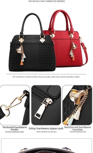 Detail of woven texture leather bag with golden hardware and flower tassel charms