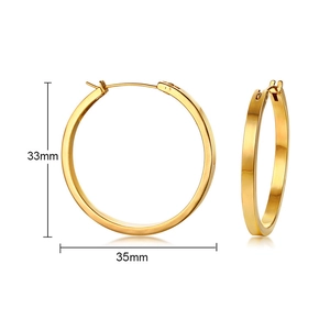Detailed view of 35mm gold-plated hoop earrings with polished finish and snap closure