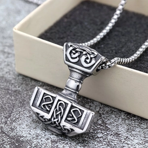Nordic vintage stainless steel Mjölnir pendant necklace with Celtic knots in a gift box