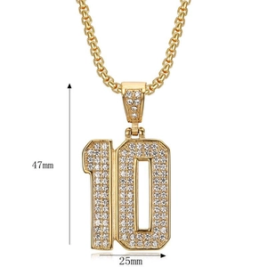 Detailed view of gold plated number 10 pendant with dimensions 47mm by 25mm