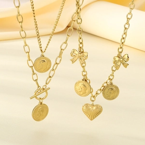 Pendant Necklace Stainless Steel Heart Bow Retro Coin Portrait Layered OT Buckle Vintage Jewelry For Women