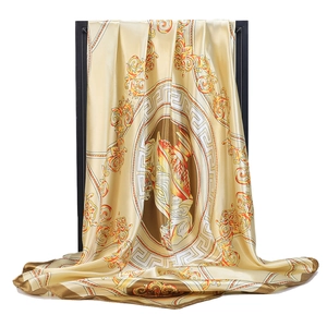 Elegant 90x90cm satin square scarf featuring golden baroque patterns and chain prints