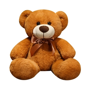 Classic brown plush teddy bear with a dark brown ribbon bow on a white background