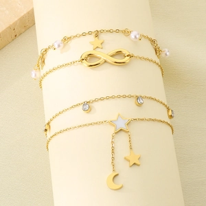 Ensemble de 4 bracelets de cheville plaqués or 18K avec pendentifs étoile lune et perles