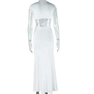 Detail of white backless dress with elegant cutout design and fishtail silhouette